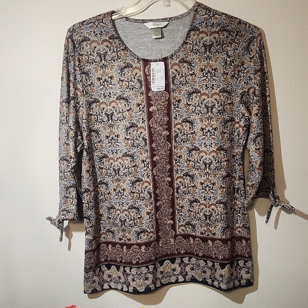 CJ Banks Brown and Tan Relaxed Buttoned Blouse X
